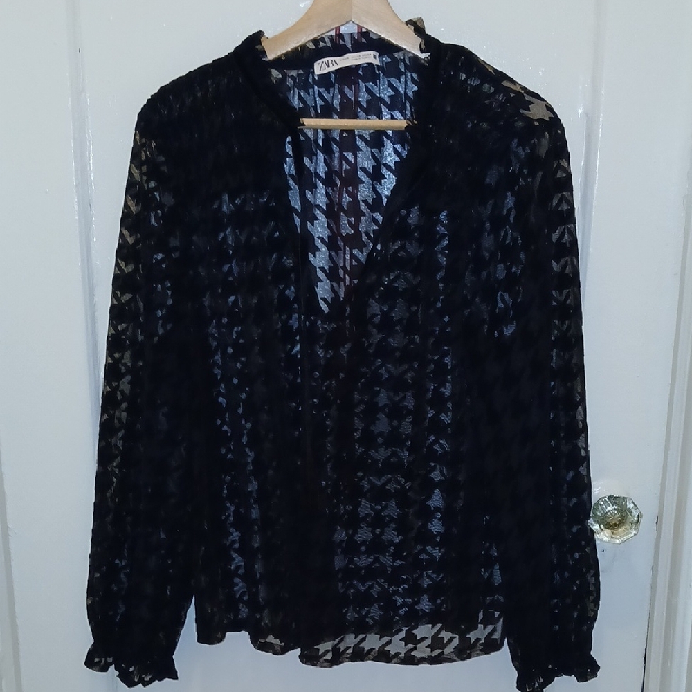 Zara Black Sheer Houndstooth-Texture Button Blouse